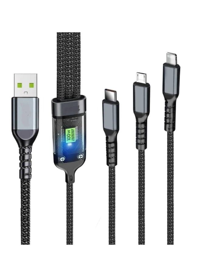 3 in 1 100W Fast Charging Cable, Type-C + Lightning + Micro USB Multi Charging Cable, Data Transfer Cable for iPhone, Android and Smart Devices - Black (5)