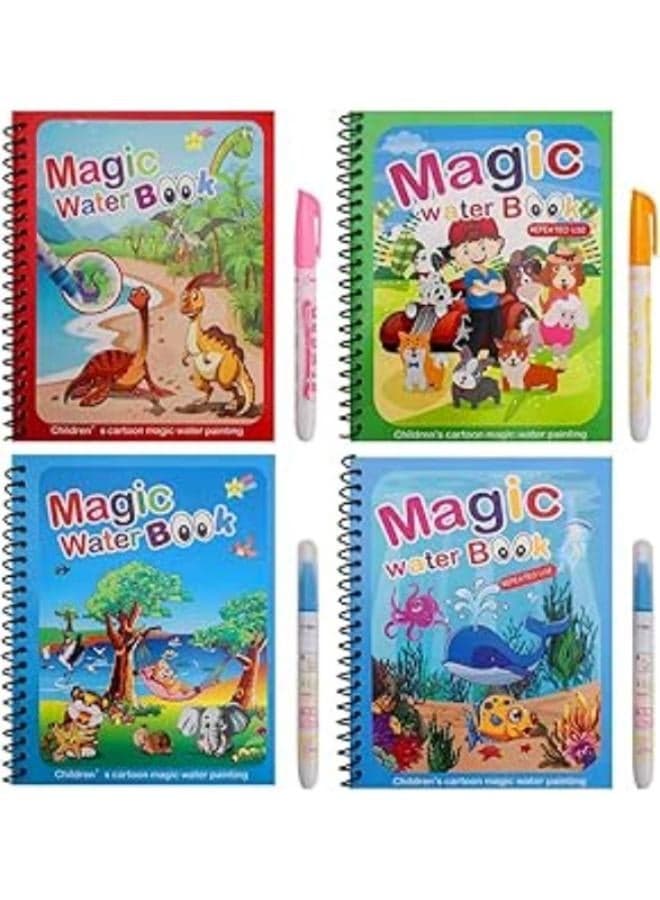 Magic Water Coloring Books for Kids-Pack of 4 units- Reusable Colouring Books with Magic Water Pens, Dinosaur and Animals Theme unlimited fun with water Early Development Toys