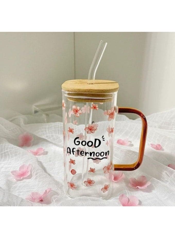 Clear Iced Coffee Cup with Colored Handle, Wooden Lid, and Straw – Single Piece (Random Color) – Floral Design (5)