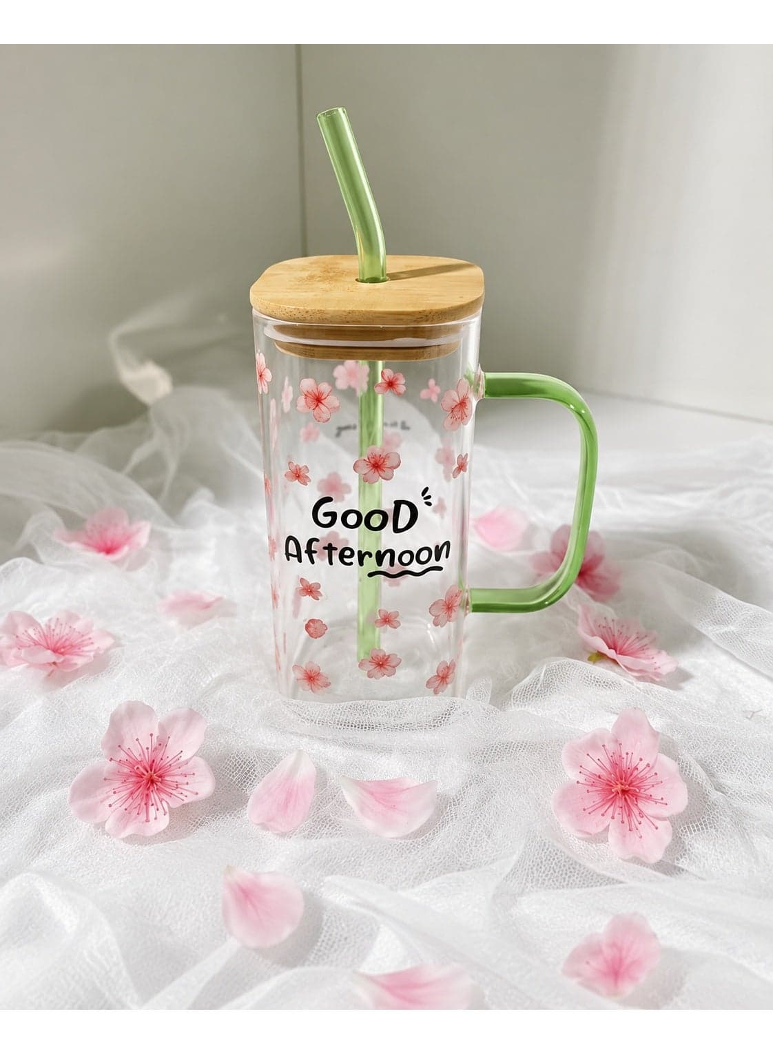 Clear Iced Coffee Cup with Colored Handle, Wooden Lid, and Straw – Single Piece (Random Color) – Floral Design (3)
