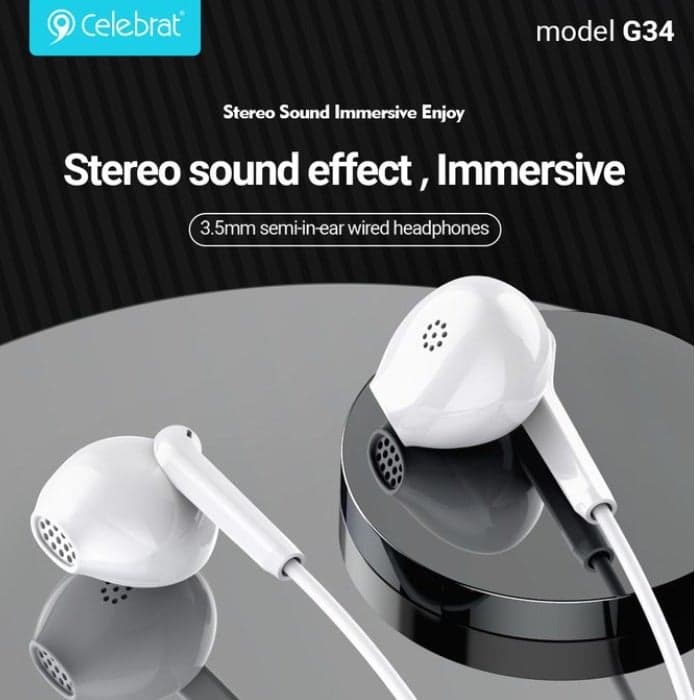 Celebrat G34 Wired Stereo Earphone With Microphone - White Headphones & Earphones (2)