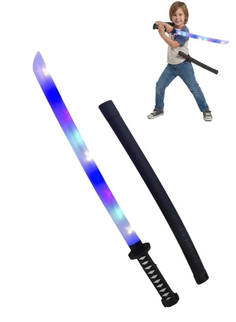 Electric LED Light Up Sword Toy 68cm – Musical Samurai Katana Blade with Sheath | Flashing Ninja Weapon for Kids Costume & Role Play | Motion Activated Sound Effects | Interactive Combat Cosplay Prop | Birthday Gift for Boys Action Figures
