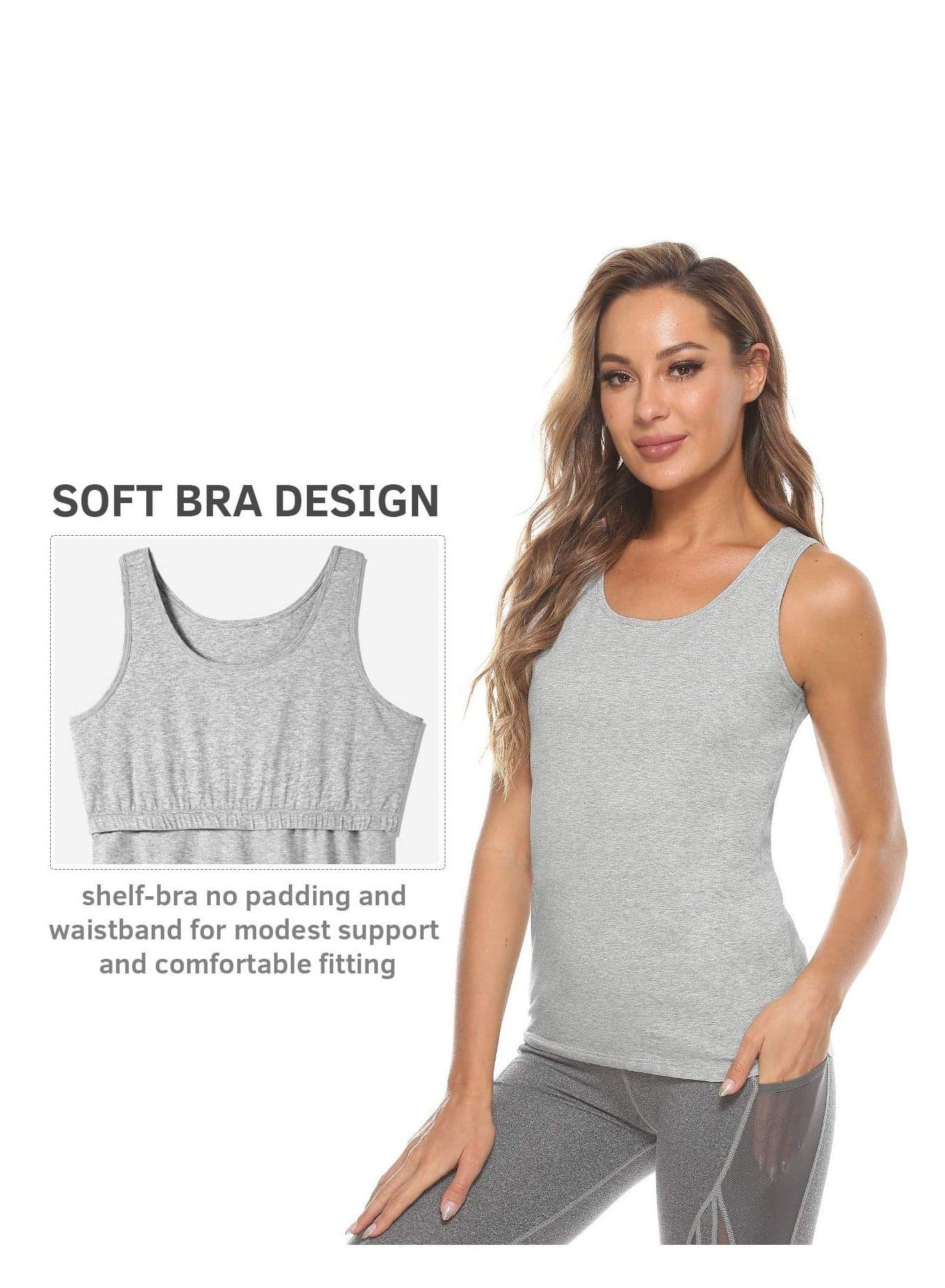 Tops For Women Built In Bra Shelf Bra Tanks Layering Undershirts-Grey Women's Tops & Tees
