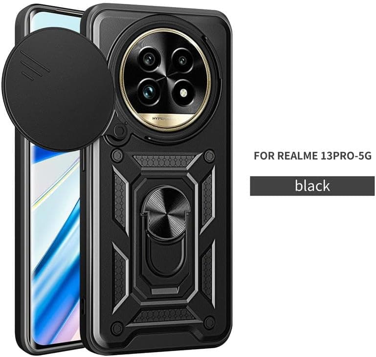 Grabist Phone Case For Realme 13 Pro Plus / Realme 13 Pro, Sliding Camera Cover, Built-in 360° Rotatable Ring Stand, Heavy Duty Shockproof Protective Back Cover, Drop Protection (Black) (٣)