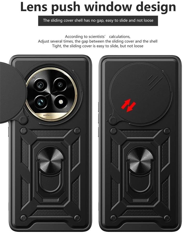 Grabist Phone Case For Realme 13 Pro Plus / Realme 13 Pro, Sliding Camera Cover, Built-in 360° Rotatable Ring Stand, Heavy Duty Shockproof Protective Back Cover, Drop Protection (Black) (٢)