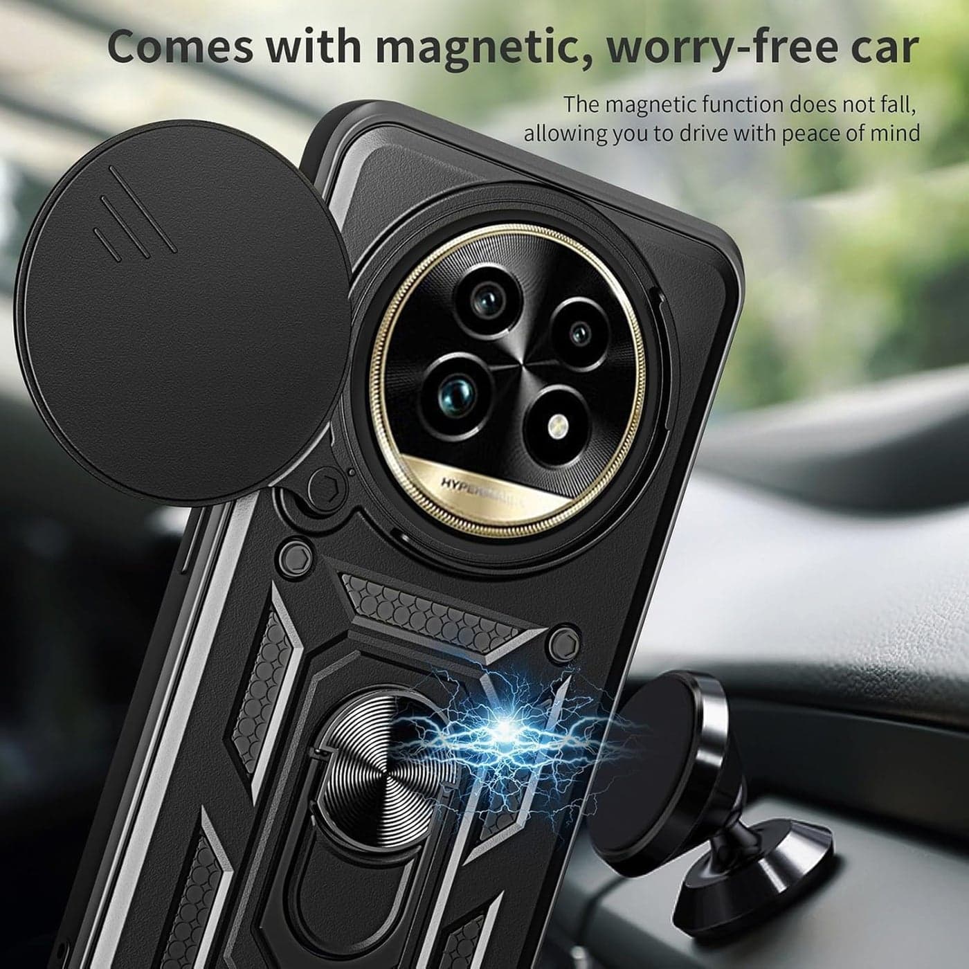 Grabist Phone Case For Realme 13 Pro Plus / Realme 13 Pro, Sliding Camera Cover, Built-in 360° Rotatable Ring Stand, Heavy Duty Shockproof Protective Back Cover, Drop Protection (Black) (٤)