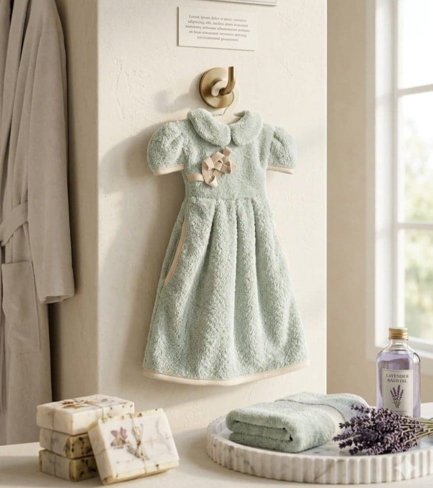 A hanging hand towel shaped like a dress, soft and absorbent, with an elegant rose design, suitable for the bathroom and kitchen. Dish Cloths & Dish Towels