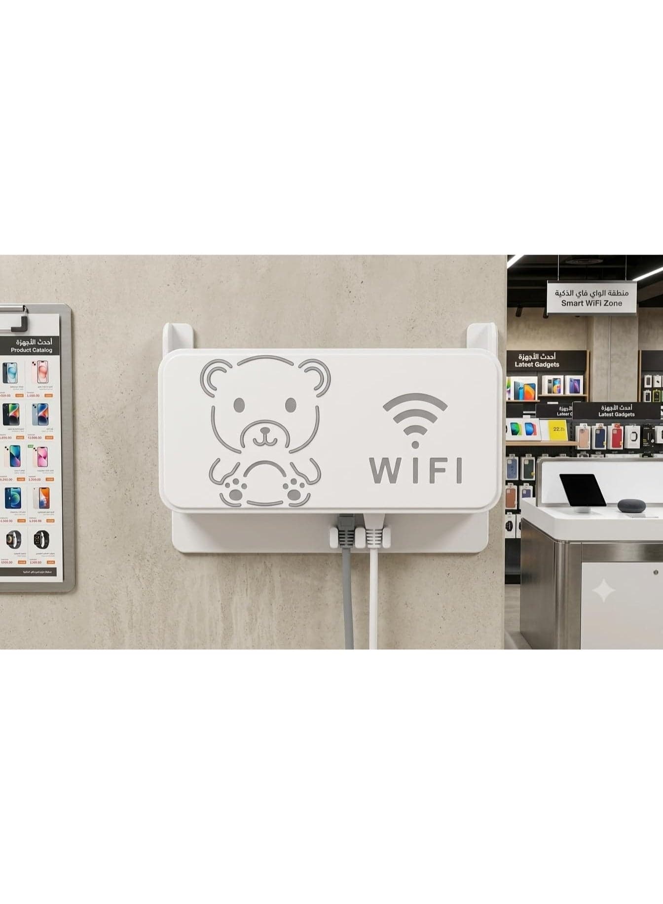 Wall Mount Router Holder Shelf - Heavy Duty No-Drilling Strong Adhesive with Cute Bear & WiFi Symbol Cutout for Modern Space-Saving Cable Management White (24 * 14 * 5.5 cm) (6)