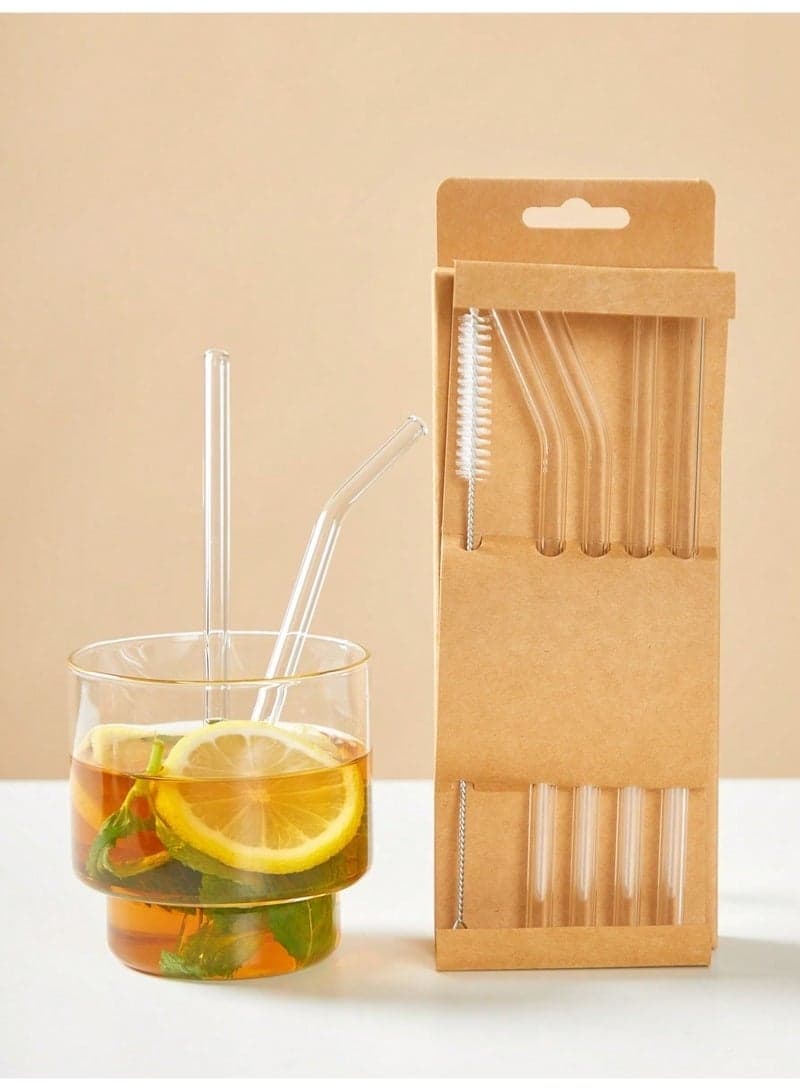 5PCS Reusable Borosilicate Glass Straw Set – 4 Premium Clear Glass Drinking Straws 20 cm (2 Straight & 2 Bent) with Cleaning Brush, BPA-Free Heat Resistant Reusable Glass Straws for Smoothies, Milkshakes, Juice, Iced Coffee, Tea, Cocktails & Hot or Cold Drinks, Dishwasher Safe Eco-Friendly Drinking Straws Mixed Drinkware Sets (8)