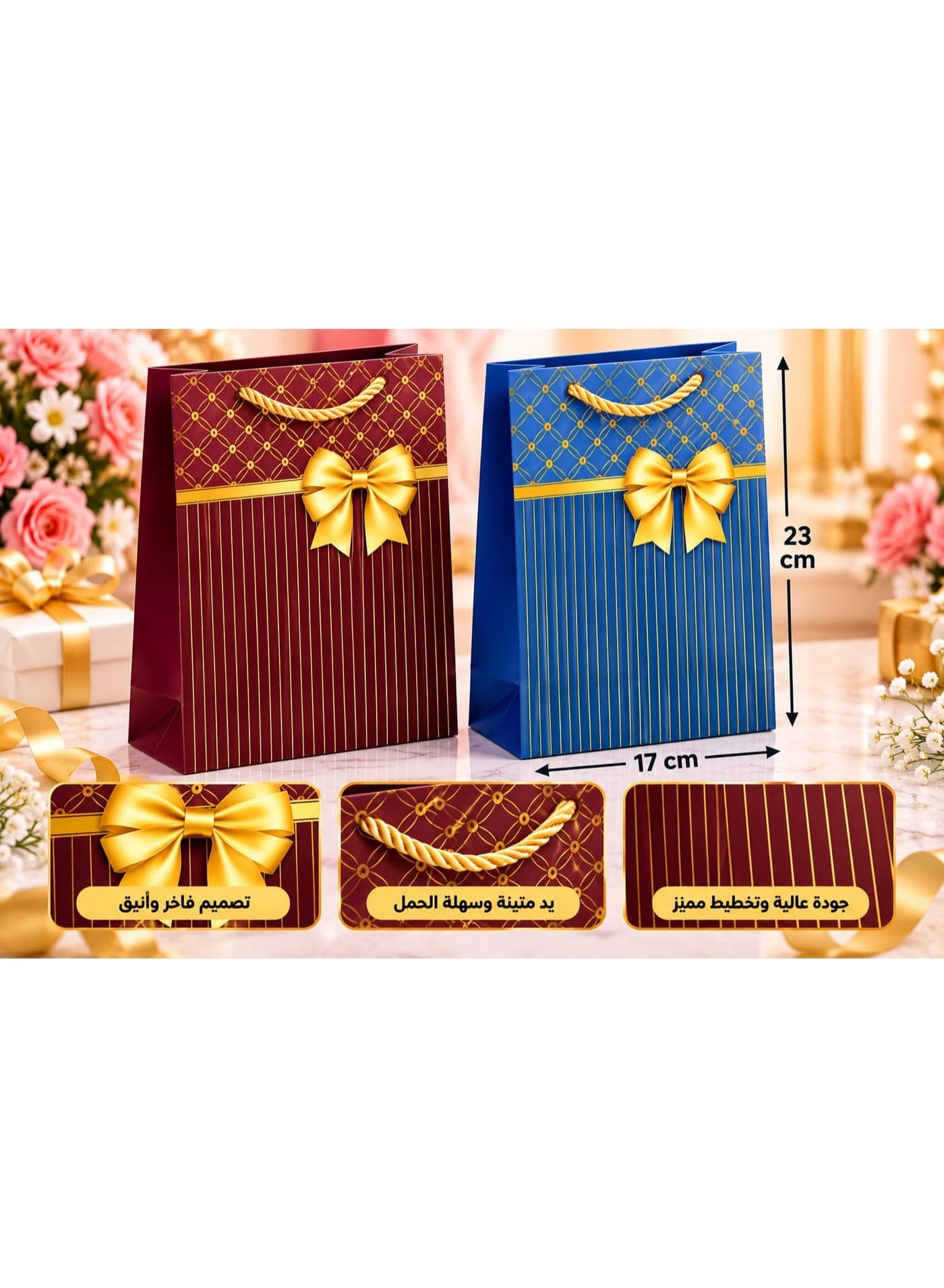 Set of 2 luxury paper gift bags with rope handles and a gold bow design – 23 × 17 cm – multi-color
