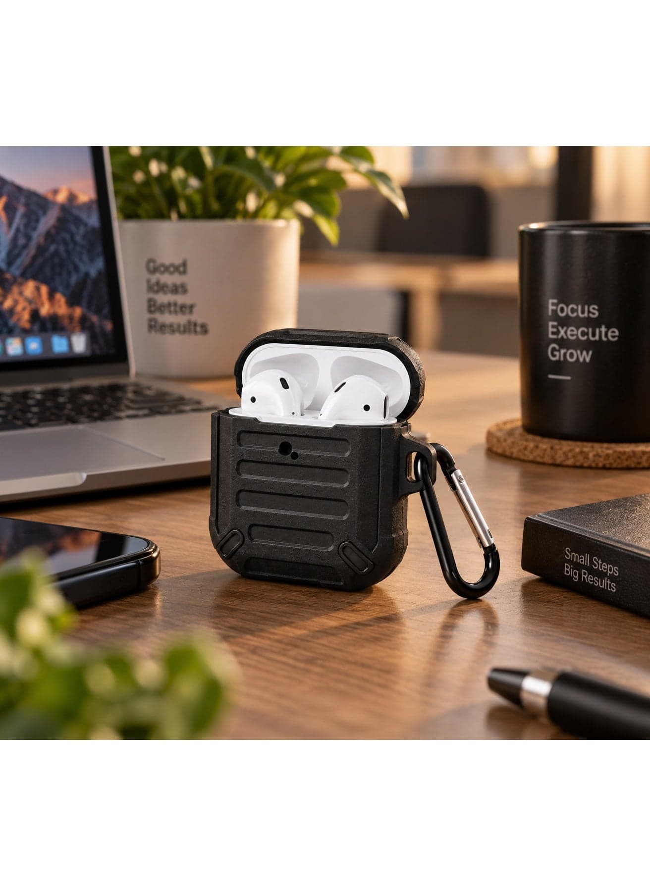 RPC-T06 Shockproof Armor Protective Case with Carabiner for Apple AirPods 1 & 2 - Black (٤)