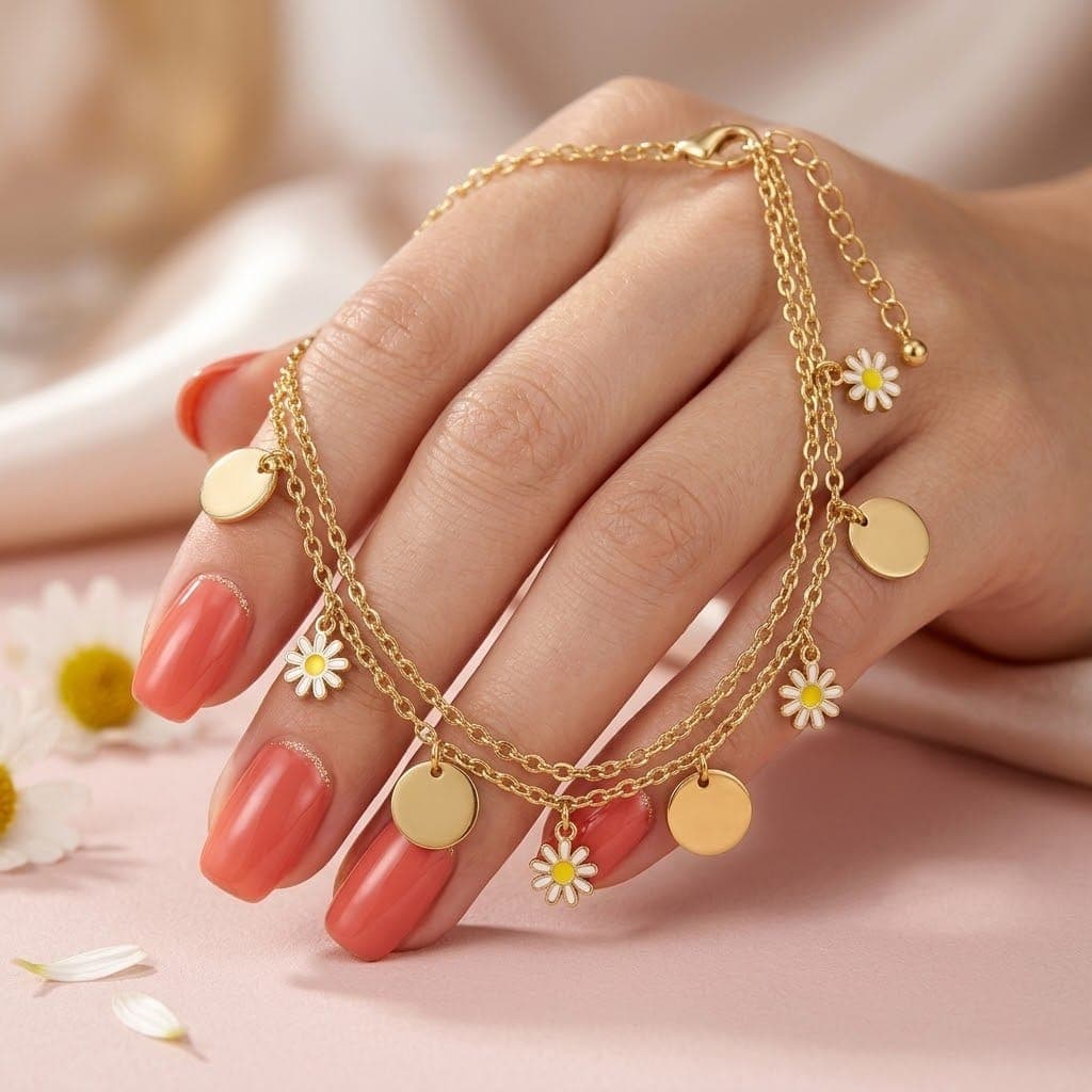 A luxurious anklet in elegant gold, featuring a charming double design combining delicate flowers and shimmering circles to reflect your beauty with every step. It has an adjustable clasp for a perfect fit. (٥)