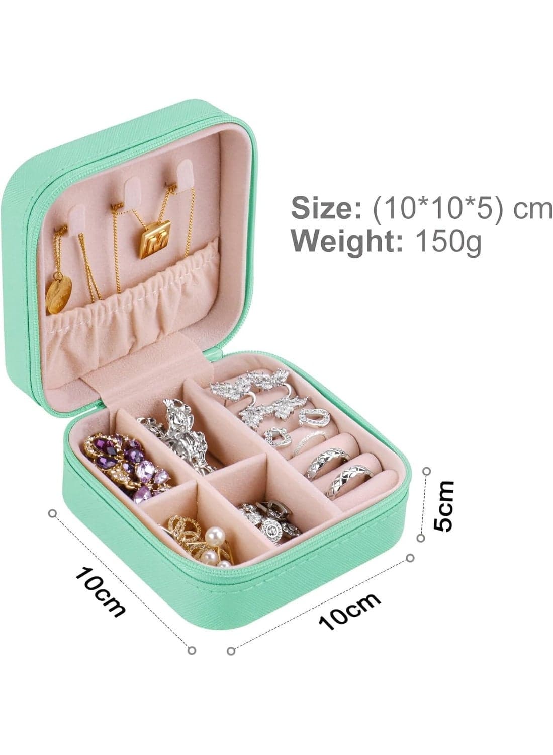 A stylish portable jewelry box in green, with practical compartments for storing rings, earrings and bracelets, ideal for travel and everyday use. Jewellery Organizers (٣)