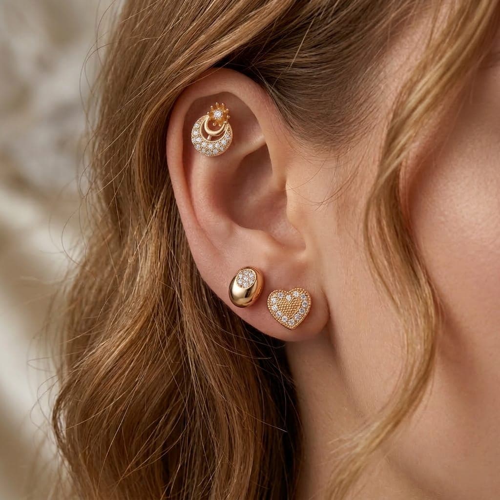 A set of 3 pairs of screw earrings in heart, oval, and crescent shapes, adorned with sparkling zircon stones. A sophisticated design that offers versatility and elegance for everyday wear. Women's Earrings Stud (٣)
