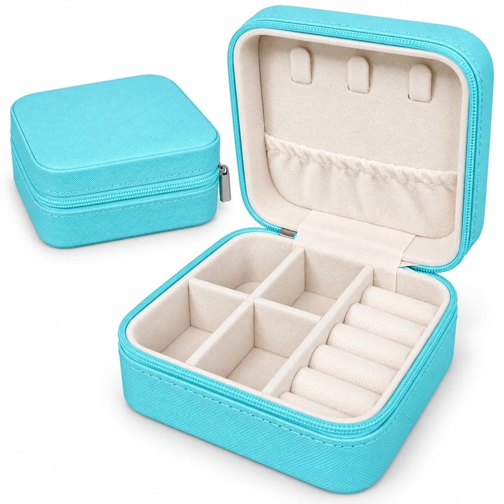 Portable Jewelry and Accessories Organizer Case with Zipper Internal Compartments and Ring Holders - Turquoise - 1-17 Jewellery Boxes (٦)
