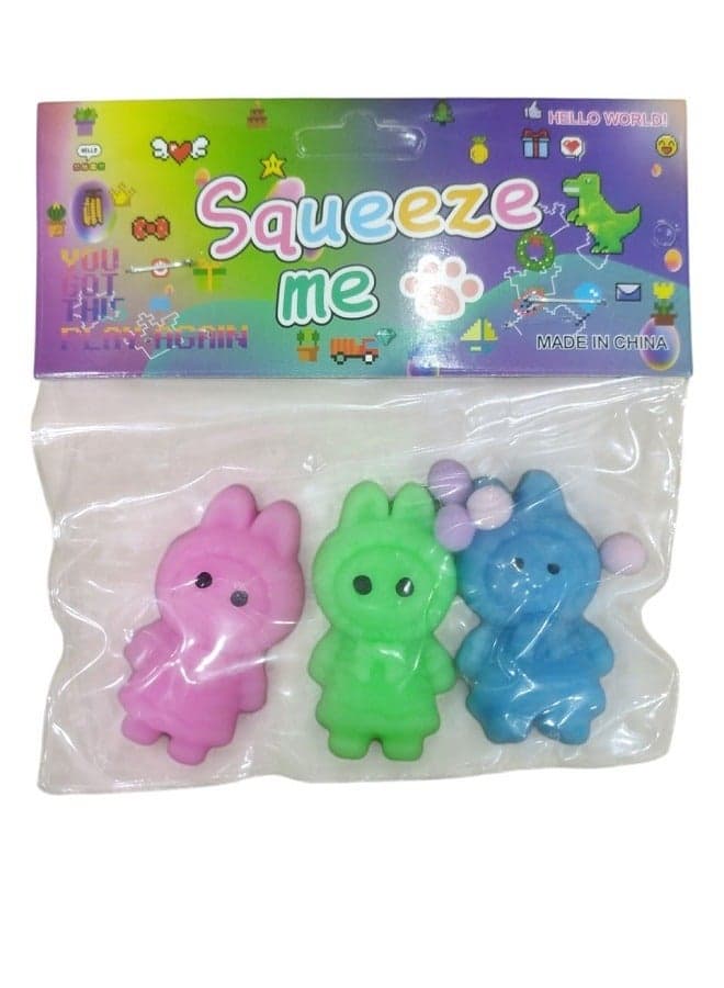 3 Pcs Rabbit Figure Fidget Toys, Squeeze-Me , Squishy Toys, Cute Squishies Stress Relief Rabbit Figure Fun Toys
