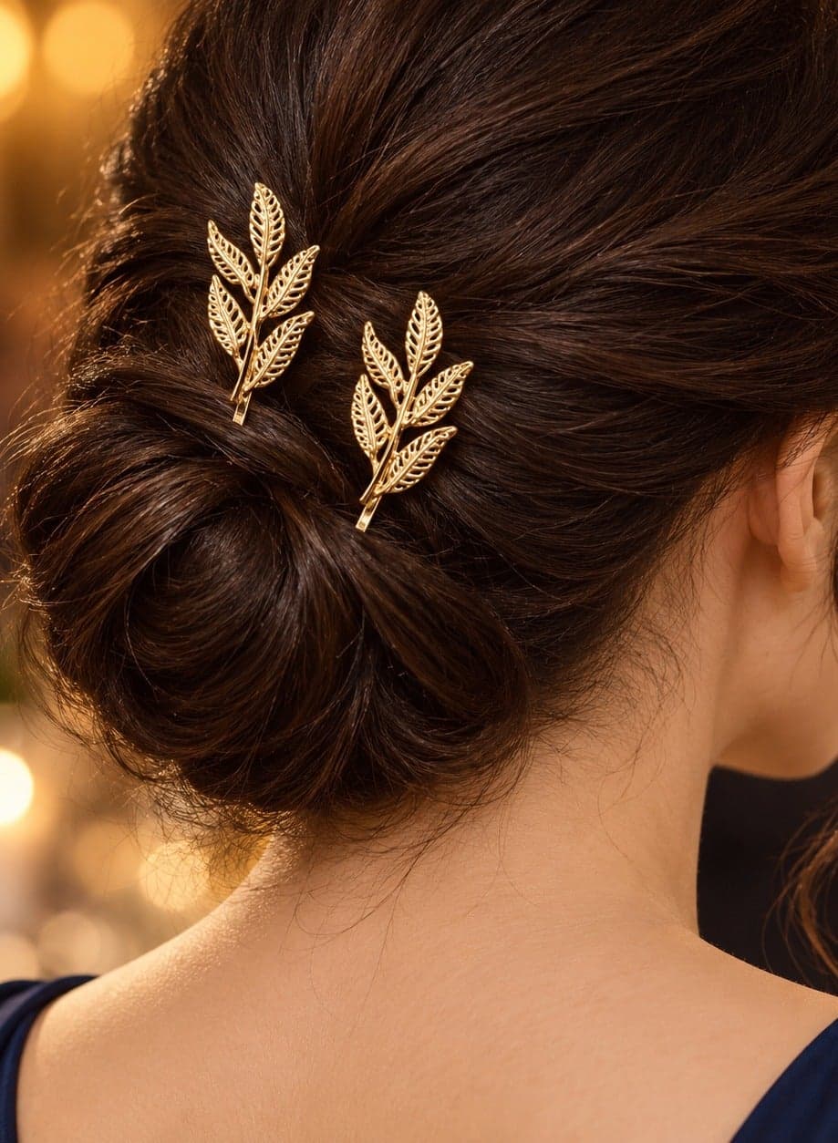 Leaf-Shaped Barrette Hair Clips, Alloy, Elegant Metallic Finish, Secure Hold, 2-Piece Set, for All Occasions (Gold)