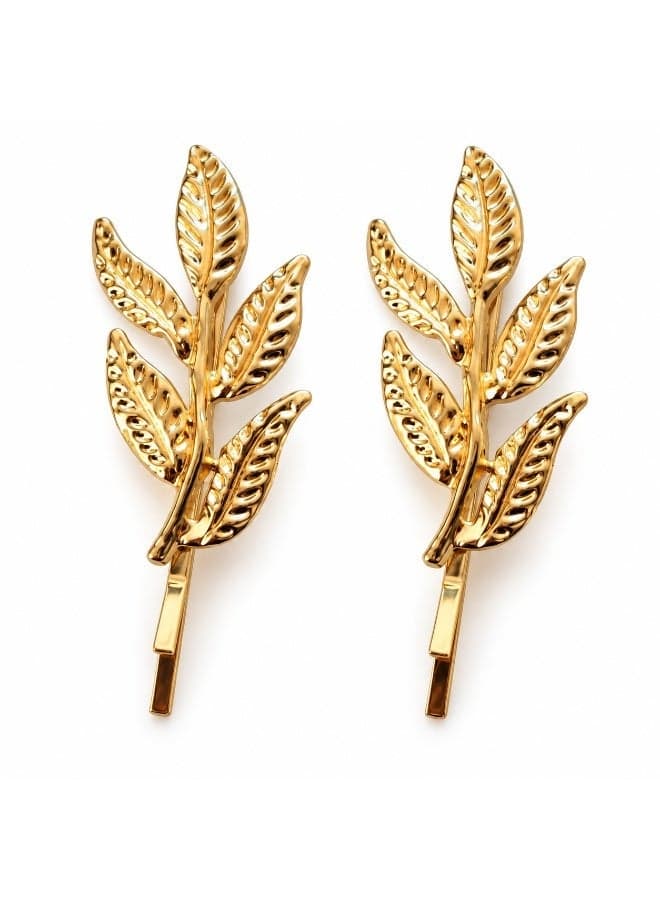 Leaf-Shaped Barrette Hair Clips, Alloy, Elegant Metallic Finish, Secure Hold, 2-Piece Set, for All Occasions (Gold) (٧)
