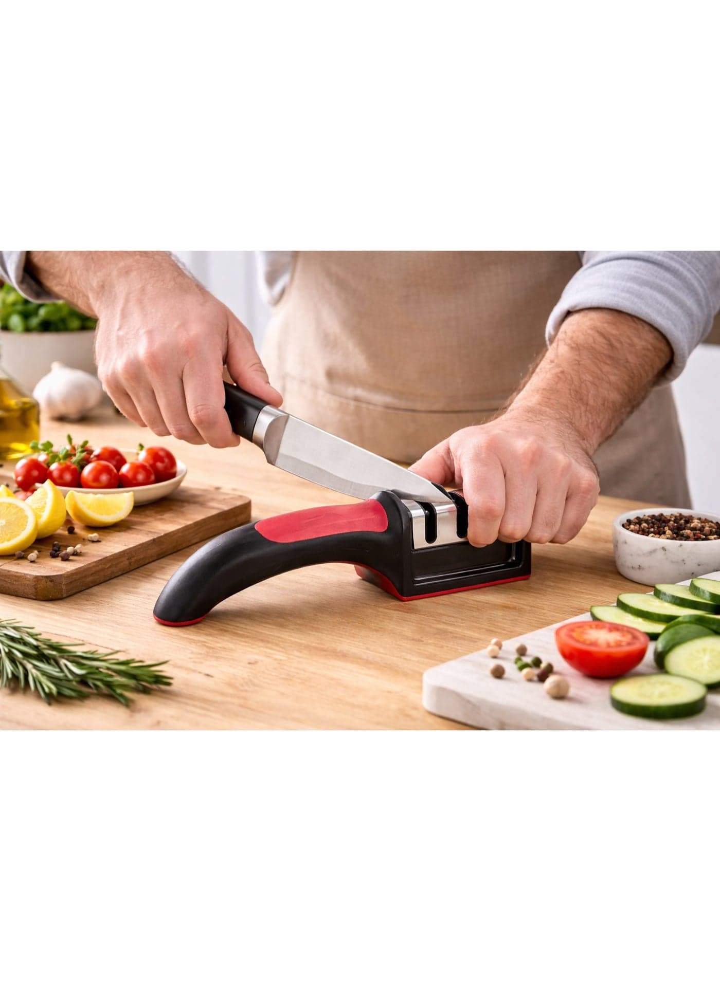 3-Stage Manual Knife Sharpener with Ergonomic Handle - Black & Red | Professional Kitchen Blade Sharpening Tool Kitchen Knives & Cutlery Accessories (٢)