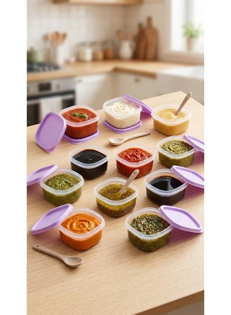 Set of 10 small square storage containers with lids – plastic containers for sauces, spices, and yogurt – freezer-safe. Food Containers (٧)