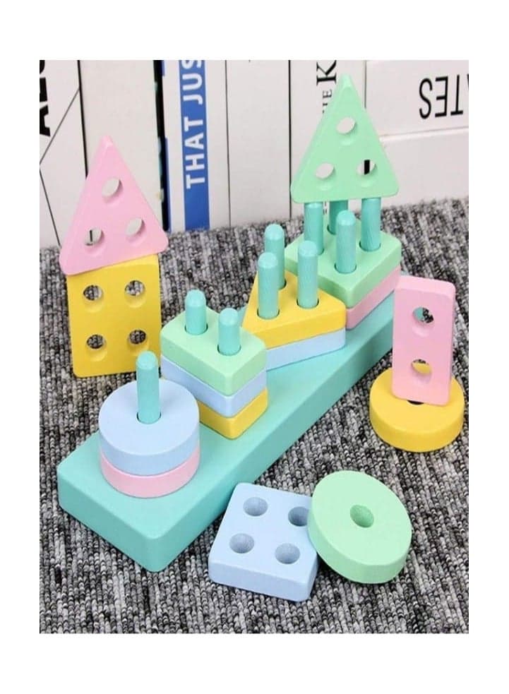 4-Column Rectangular Stackable Wooden Blocks - Preschool Educational Toy for Color and Shape Recognition, Developing Intelligence with Different Patterns and Colors Baby Activity Centers (٢)
