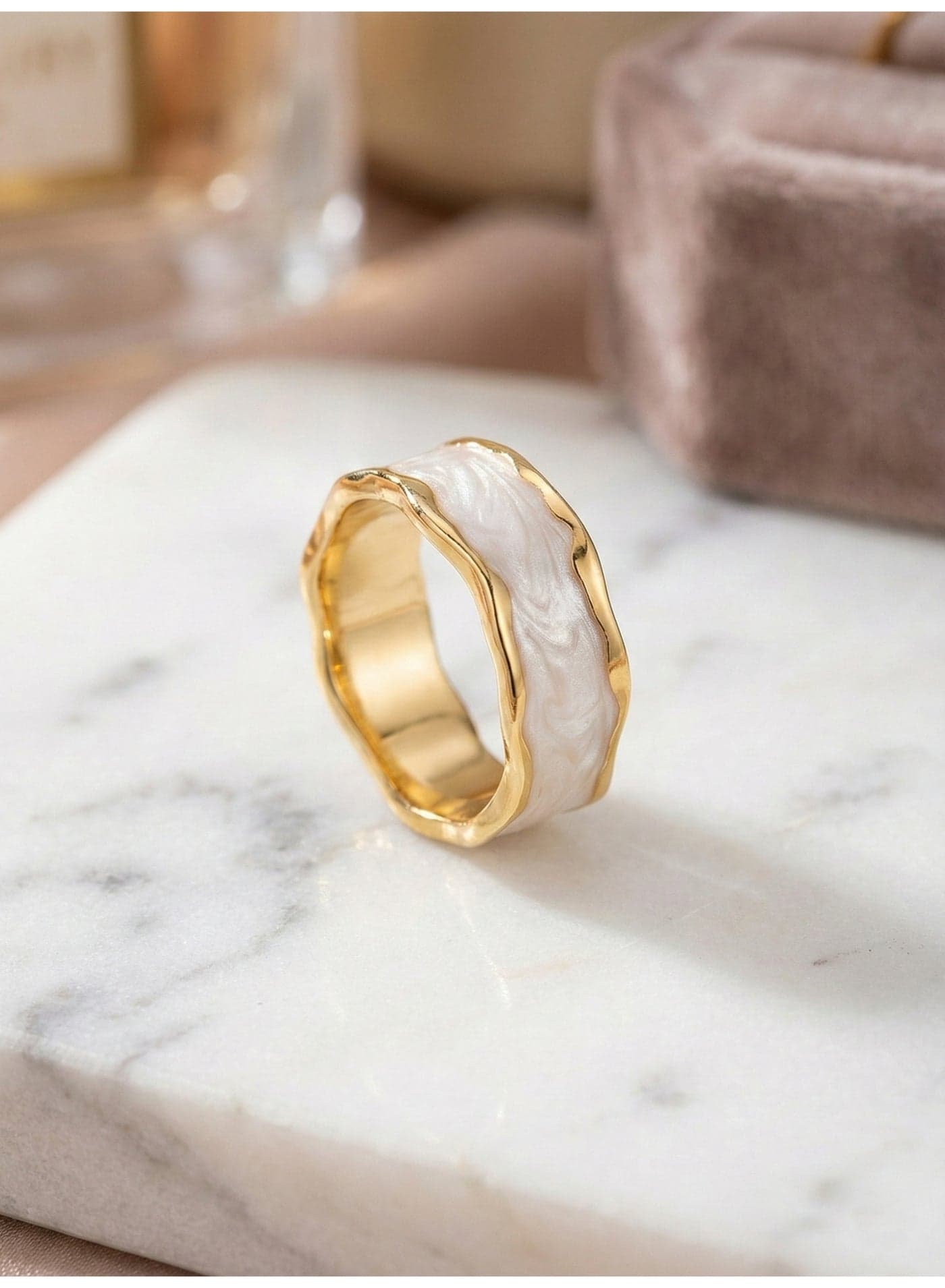 Wide Mother-of-Pearl Band Ring (Zigzag Edges) – 316 Gold Stainless Steel (3)