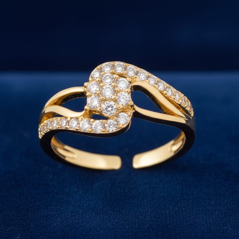 A luxurious gold ring with a wavy design, adorned with sparkling cubic zirconia stones that wrap elegantly. Open to ensure a perfect fit and comfort for all sizes. Women's Rings (٦)
