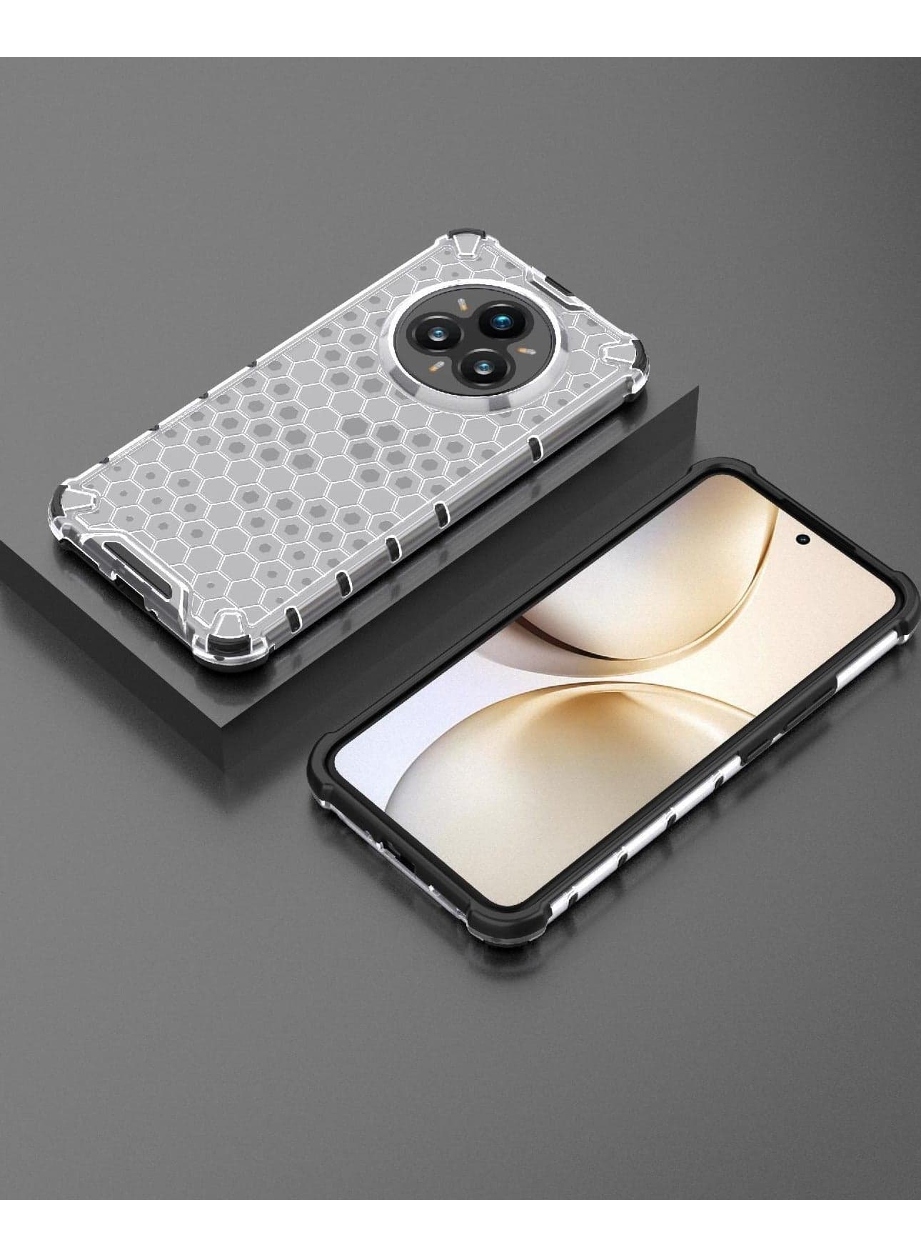 Case Cover Honeycomb Case Shockproof Camera Protection Cover Compatible with Realme 14 Pro ( transparent & Black) (٥)