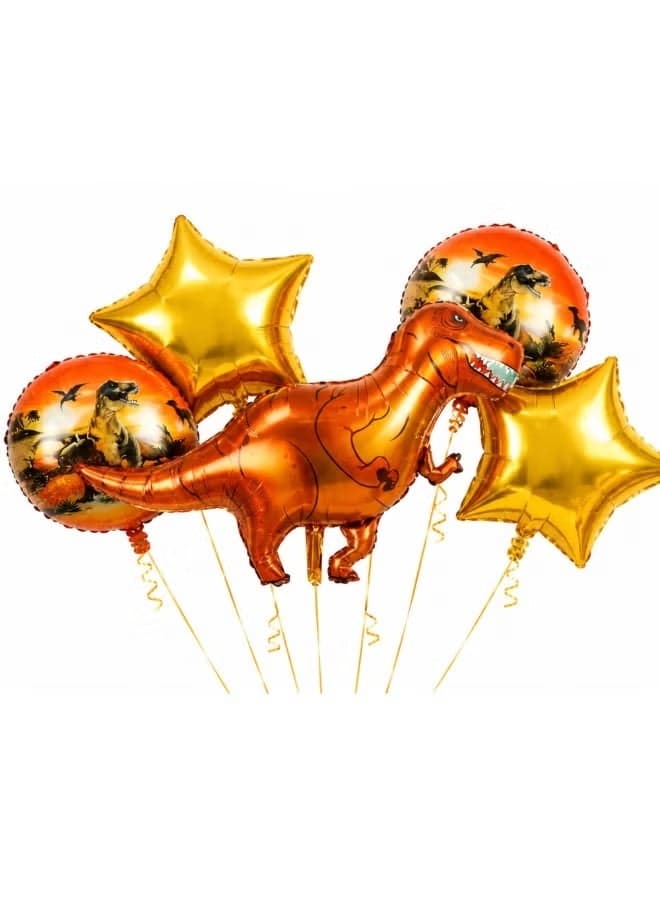 Dinosaur Foil Balloon Set 5 Pcs, Giant T-Rex Mylar Balloon with 2 Round Dino Balloons and 2 Star Balloons for Jurassic Theme Birthday Party Decorations for Kids