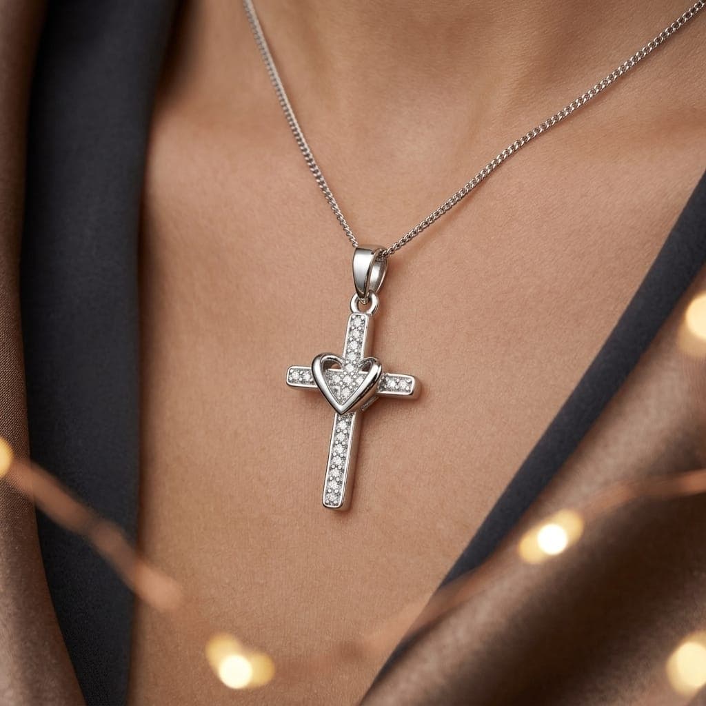 A cross pendant (without chain) in elegant silver, studded with sparkling zircon stones, with a delicate, soft heart in the center; combining sophistication and an attractive touch in one design. Women's Necklaces (٣)