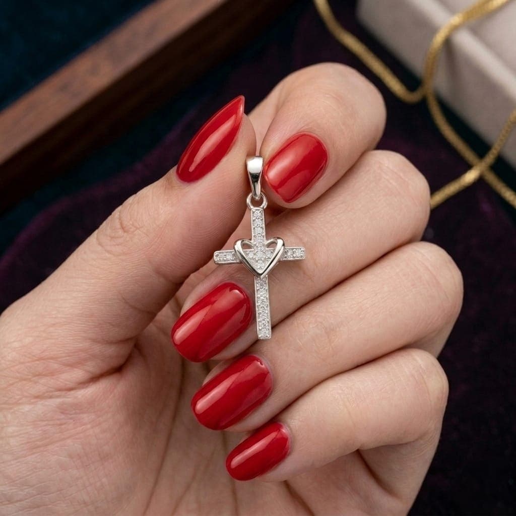A cross pendant (without chain) in elegant silver, studded with sparkling zircon stones, with a delicate, soft heart in the center; combining sophistication and an attractive touch in one design. Women's Necklaces (٦)