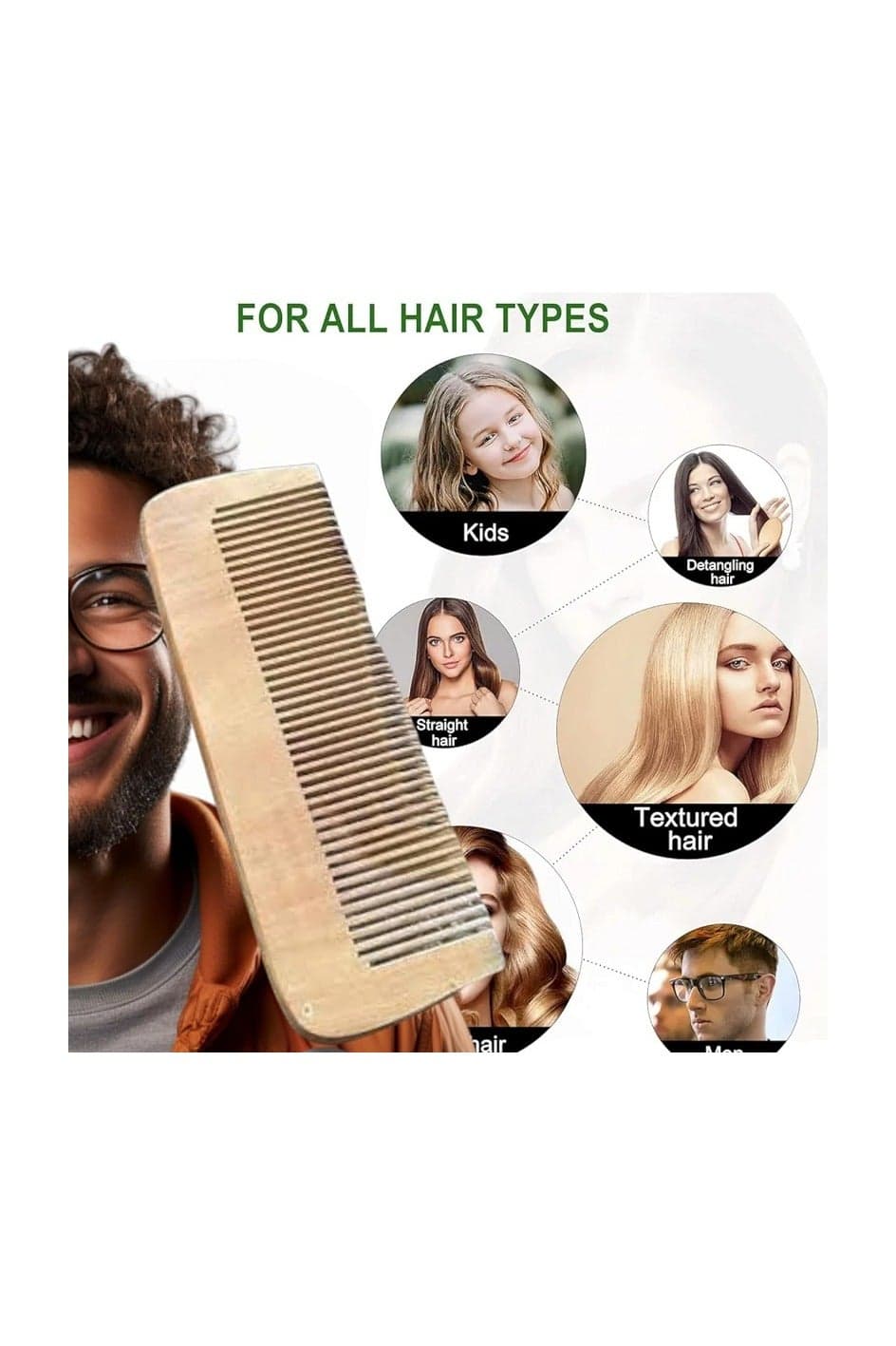 Natural Wood Comb for Detangling and Styling Wet, Dry, Curly, Wavy, Straight Hair -- for Women and Men (3)