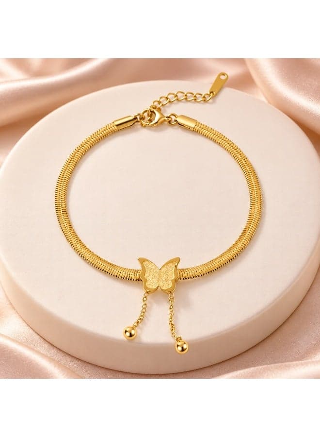 Women’s Gold-Tone Stainless Steel Herringbone Bracelet with Textured Butterfly and Double Chain Drops Women's Bangles (٢)