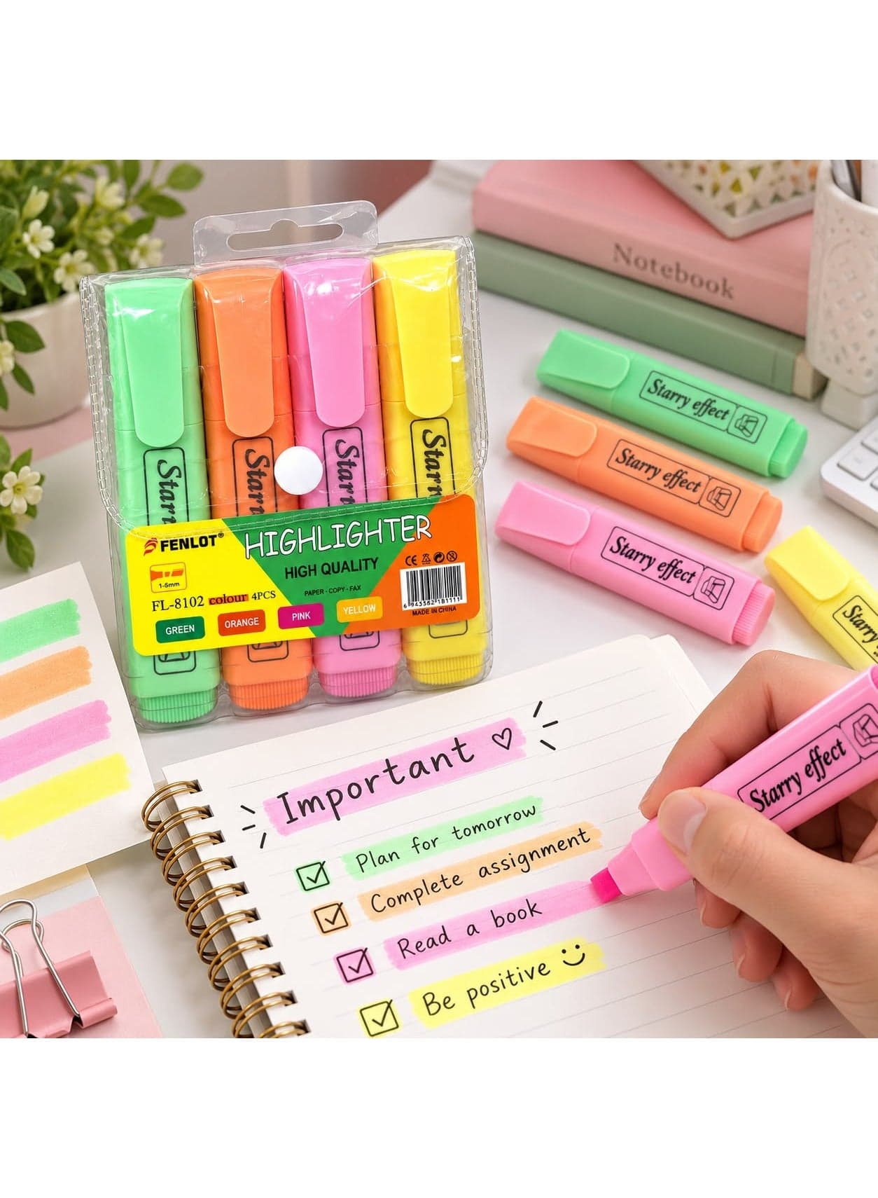 FENLOT Highlighter Set, 4 Pastel Colors, 1-5mm Chisel Tip Stationery Highlighters (٣)
