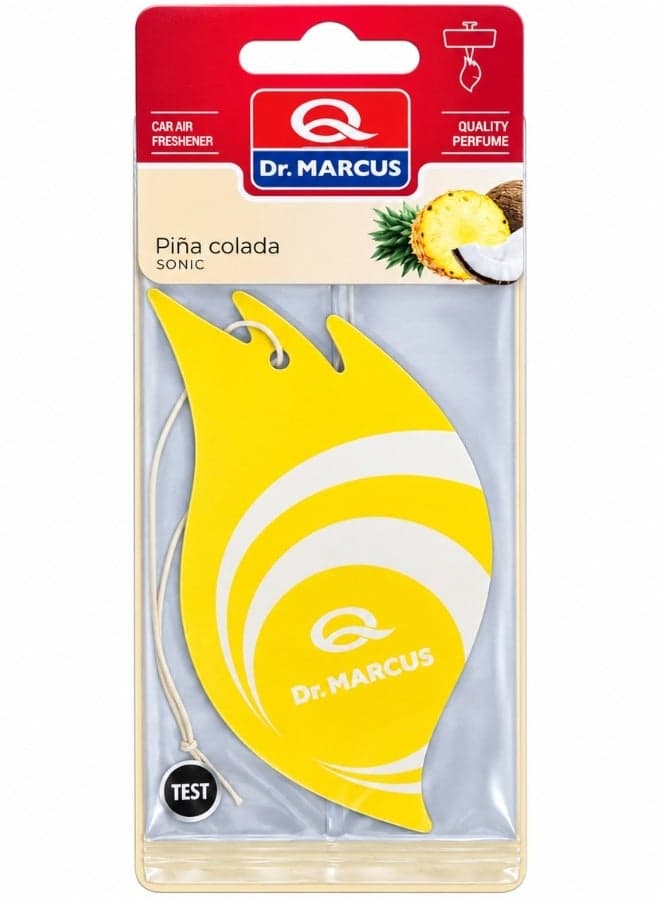 Dr. Marcus Sonic Hanging Car Air Freshener, Lightweight Paper Freshener for Vehicle Interior, Easy Hanging Design with No Vent Installation Required, Compact Yellow and White Format for Daily Driving, Commuting and Travel, Pina Colada Fragrance