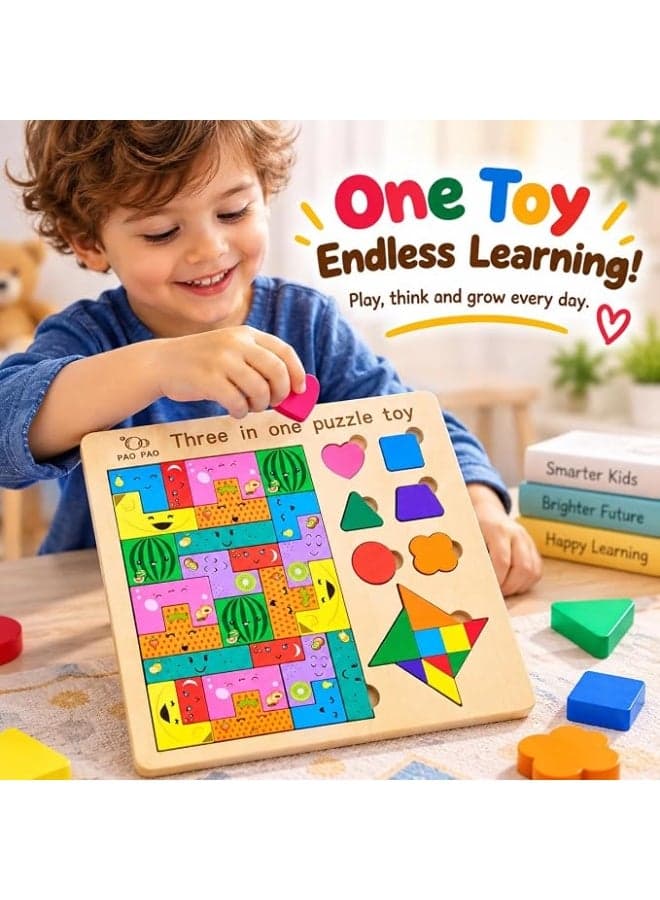 3-in-1 Wooden Multi-Activity Puzzle with Colorful Blocks and Geometric Shapes for Pattern Building, Logic and Creative Play, 20 x 20 x 0.5 cm 3D Puzzles (٦)