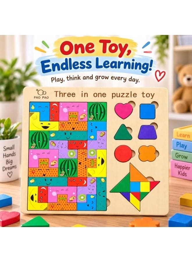 3-in-1 Wooden Multi-Activity Puzzle with Colorful Blocks and Geometric Shapes for Pattern Building, Logic and Creative Play, 20 x 20 x 0.5 cm 3D Puzzles (٥)