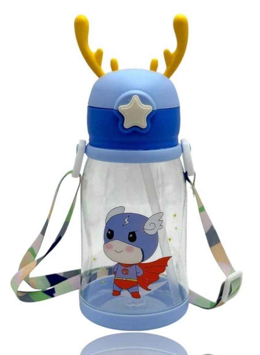 Acrylic Children'S Water Bottle With Cartoon Print And A Large Deer Antler, Portable, Shatterproof With A Straw And Strap, Used For Outdoor Activities, Camping, School And Trips, Healthy (Multi-Colored)