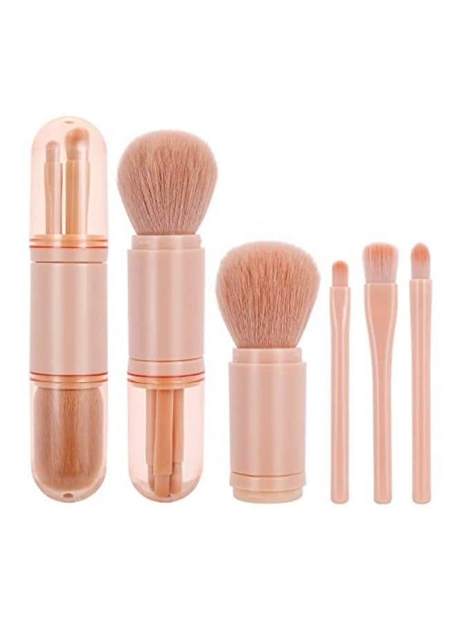 Retractable Makeup Brush, 4 in 1 Portable Travel Lip Brush, Highlight Brush, Eyeshadow Brush, Foundation Blending Powder Brush Mini Facial Cosmetic Makeup Brush Set (Pink)