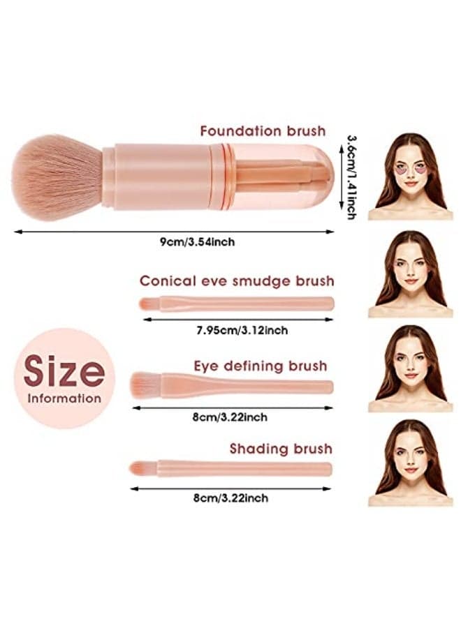 Retractable Makeup Brush, 4 in 1 Portable Travel Lip Brush, Highlight Brush, Eyeshadow Brush, Foundation Blending Powder Brush Mini Facial Cosmetic Makeup Brush Set (Pink) (2)