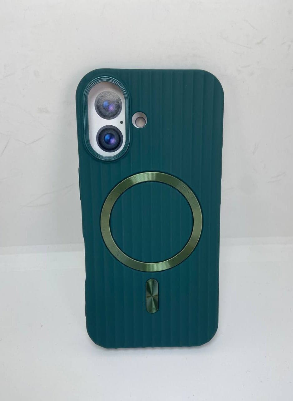 Plating Matte Style Corrugated Stripe Luggage Case for iPhone Cover 16 Wireless Charging Magnetic Luxury Case Wave Design (Emerald green, Iphone 16) (٢)