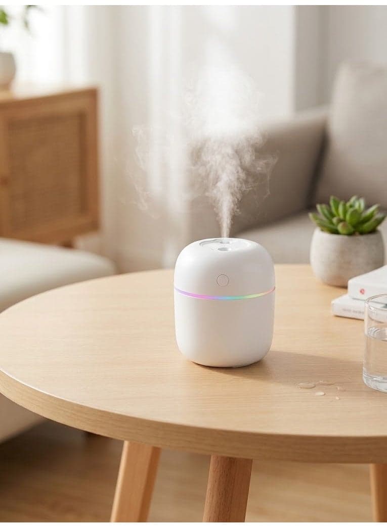 Compact humidifier with power cable and user manual; features lighting and quiet operation – White.