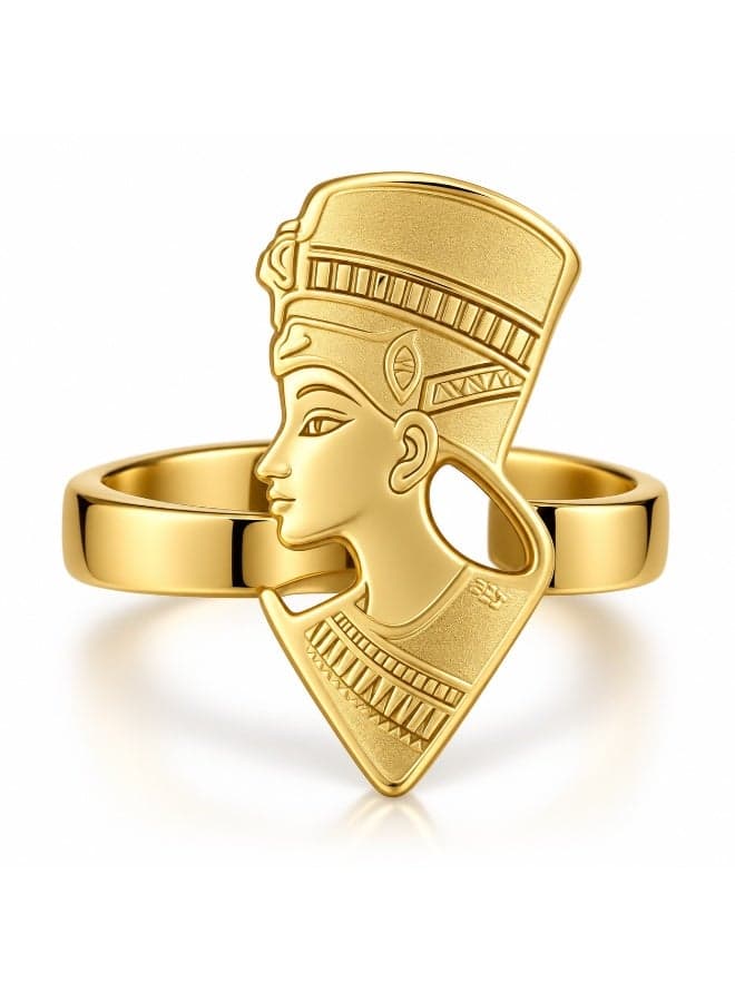 Nefertiti Queen Ring for Women – Gold-Tone Stainless Steel Ancient Egyptian Pharaoh Statement Ring Women's Rings