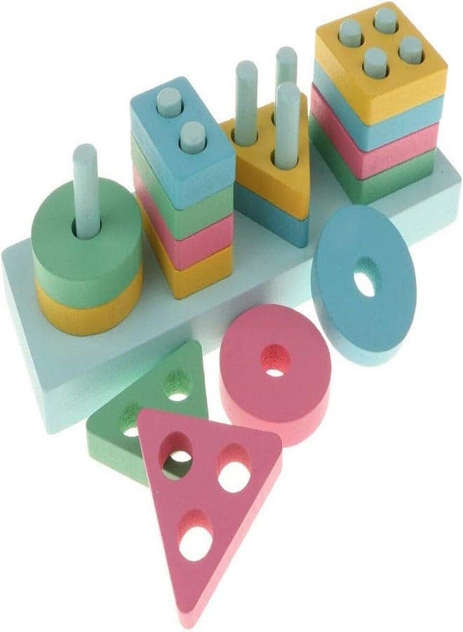 Wooden Rectangle Shape Sorting Stacking Blocks 4 Column - Preschool Educational Toy For Color And Shape Recognition, Developing Intelligence In Various Styles And Colours Baby Activity Centers (٣)