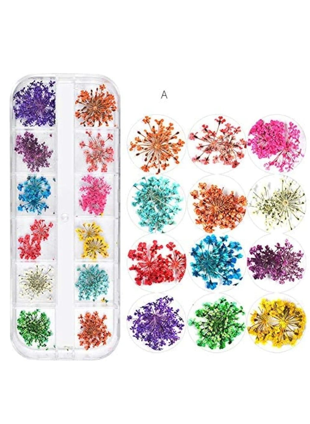 Beautiful flowers in various shapes and colors to decorate nails in the form of dried flowers and 3D nail art stickers