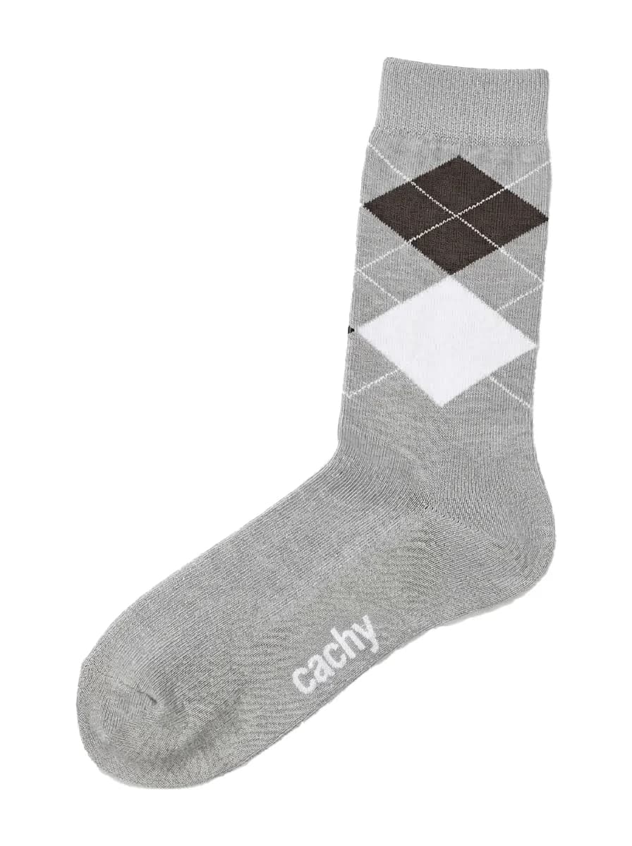 Cachy Men's Crew Socks – Argyle Diamond Design, Heather Grey / Brown / White – Soft Breathable Fine-Knit Full-Length Dress Socks