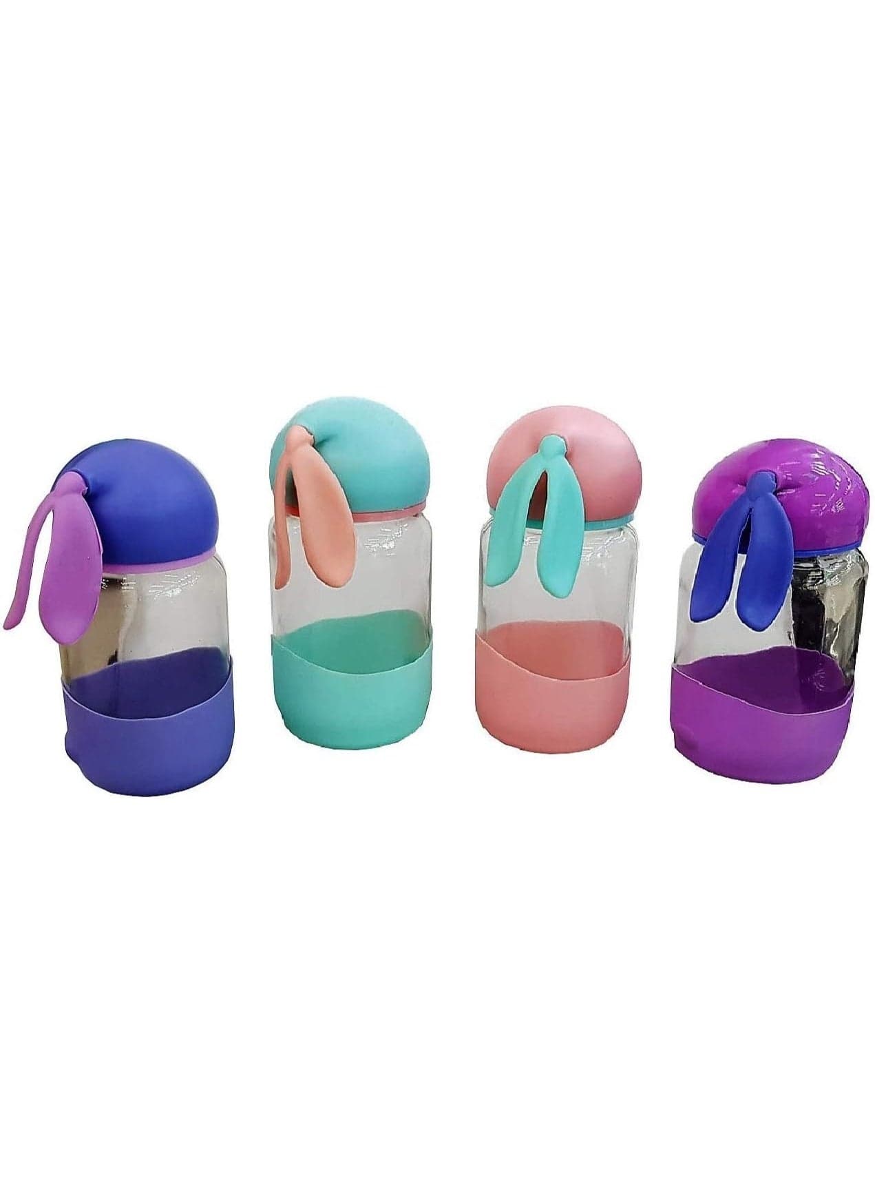 Children’s Bunny Ear Glass Mug Durable Transparent Cup with Silicone Base & Secure Lid Safe Perfect for Water Juice Milk & Travel Sports Water Bottles (2)