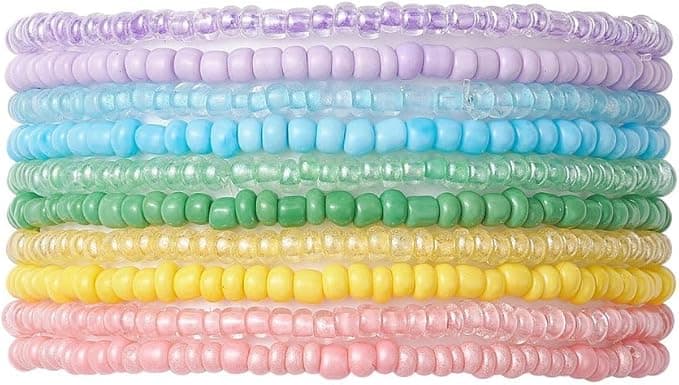 Glass Seed Beaded Stretch Bracelets, 10 Pieces, Pastel Rainbow Colours, Stackable Women's Bracelet Set Women's Bracelets & Bangles
