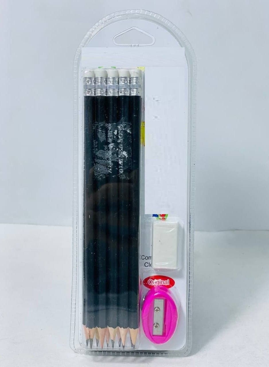Pencil, pencil with rubber band, eraser and sharpener. Box: 5 pencils.