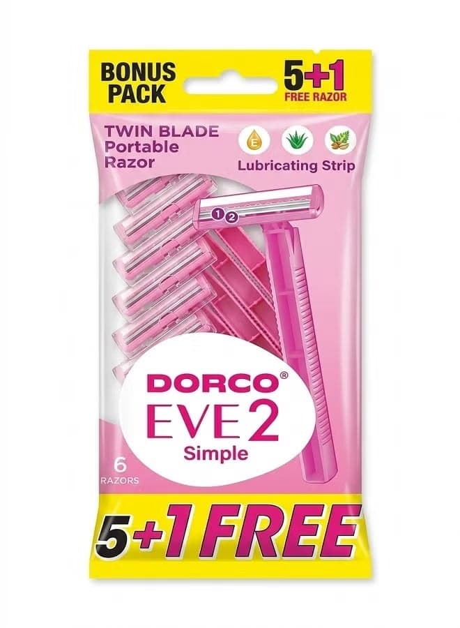 Dorco EVE 2 Simple Twin Blade Disposable Razors for Women, 5+1 Free Pack Women's Razors & Blades